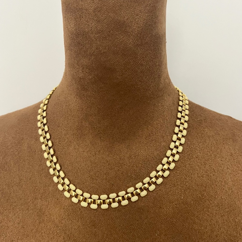 Vintage Gold Tone Cream Enamel Link Choker Necklace‎ 18" Size 18 Cottagecore